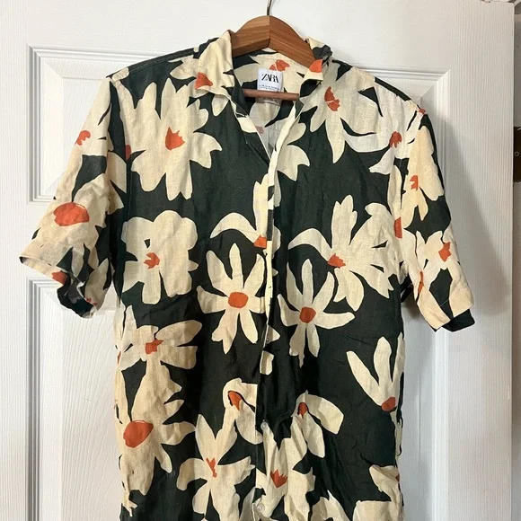 Zara Men's Floral Shirt - Black, Cream, and Orange - Picture 1 of 2